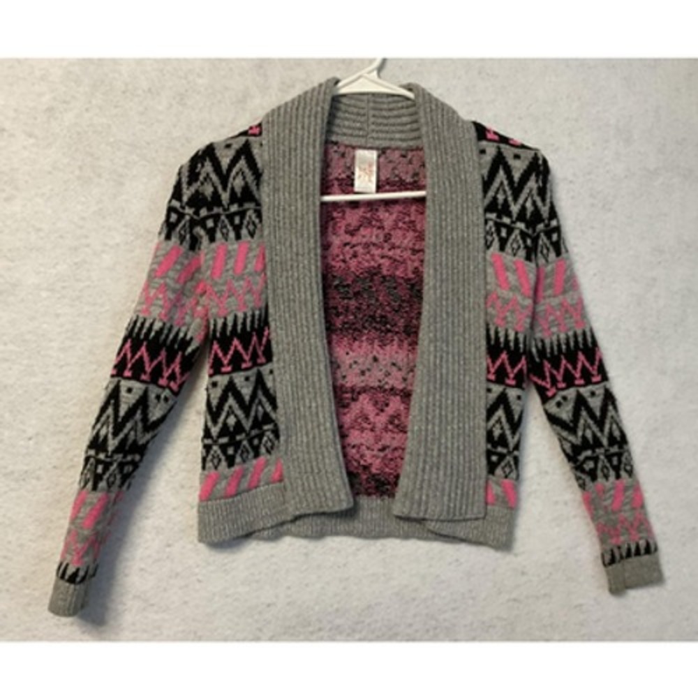 Cat & Jack Sweater Girls Medium 7/8 Gray Pink Open Front Cardigan Aztec Knit
